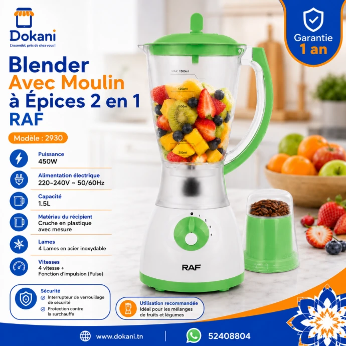 Blender de cuisine 2 en 1 RAF vert de 450W avec sa cruche en plastique graduée de 1,5 litre et son petit moulin à café et épices.