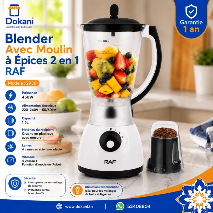 Blender de cuisine 2 en 1 RAF noir de 450W avec sa cruche en plastique graduée de 1,5 litre et son petit moulin à café et épices.