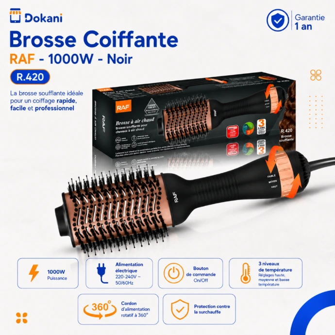 Brosse coiffante soufflante à air chaud RAF noire de 1000W avec son design ergonomique, sa brosse ronde et son cordon rotatif à 360 degrés.