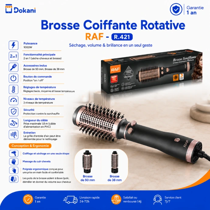 Brosse soufflante rotative automatique RAF noire de 1000W avec ses deux têtes interchangeables de 50 mm et 38 mm et sa poignée ergonomique.