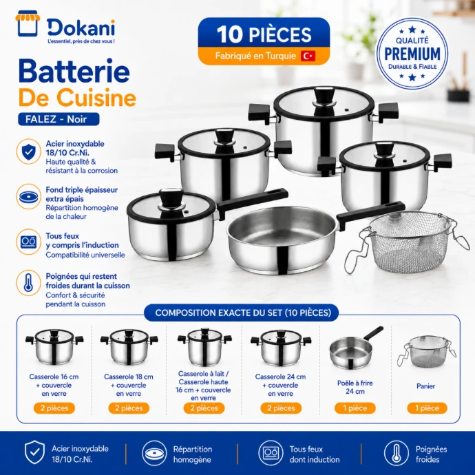 Batterie de cuisine haut de gamme Falez de 10 pièces en acier inoxydable 18/10 avec poignées ergonomiques noires et couvercles en verre trempé.
