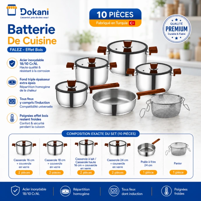 Set de cuisine de 10 pièces Falez en acier inoxydable 18/10 de fabrication turque, avec couvercles en verre, poignées au design effet bois et panier de cuisson.