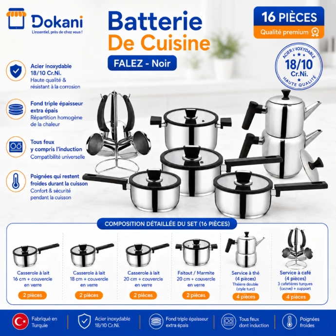 Set de cuisine de 16 pièces Falez en acier inoxydable 18/10 de fabrication turque, avec poignées noires, couvercles en verre, théière double turque et service à café avec support.