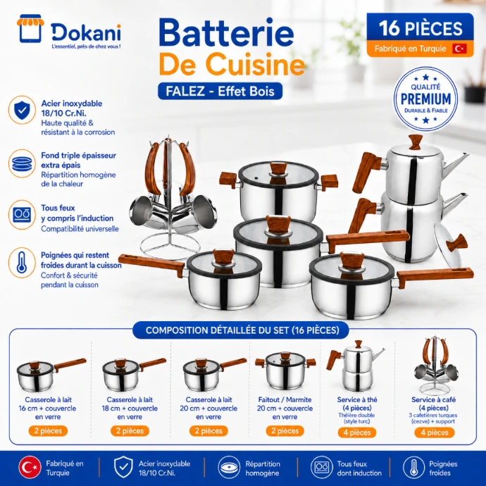 Set de cuisine complet de 16 pièces Falez en acier inoxydable 18/10 avec poignées effet bois, comprenant casseroles, faitout, double théière et cafetières turques sur support.