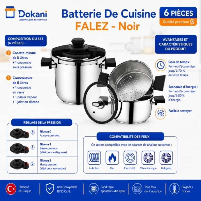 Set de cuisine Falez de 6 pièces en acier inoxydable 18/10 noir avec sa cocotte-minute de 8 litres et son couscoussier de 5 litres à poignées effet bois.