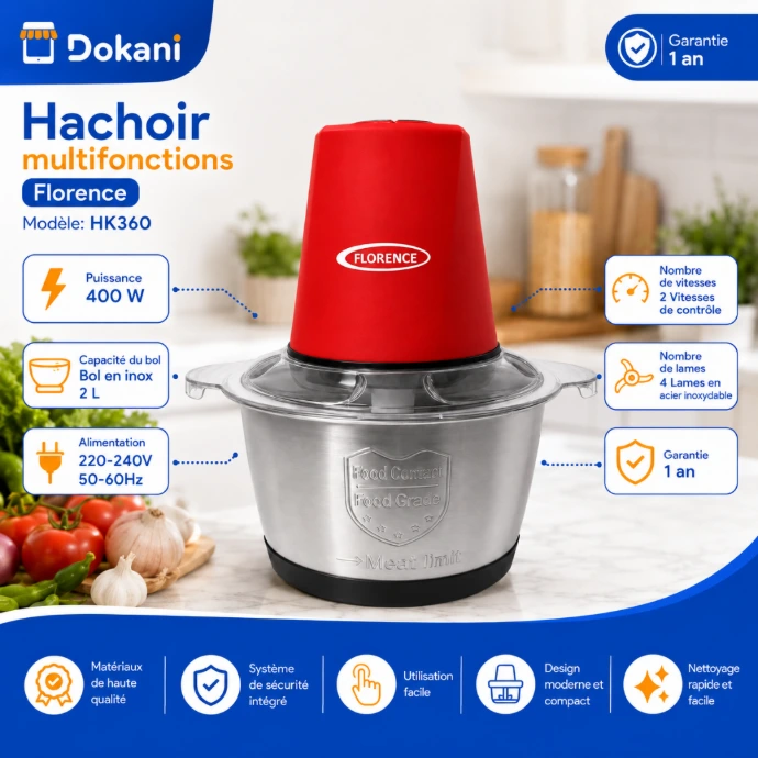 Hachoir électrique multifonctions Florence rouge de 400W avec son bol de 2 litres en acier inoxydable et son bloc moteur supérieur ergonomique.