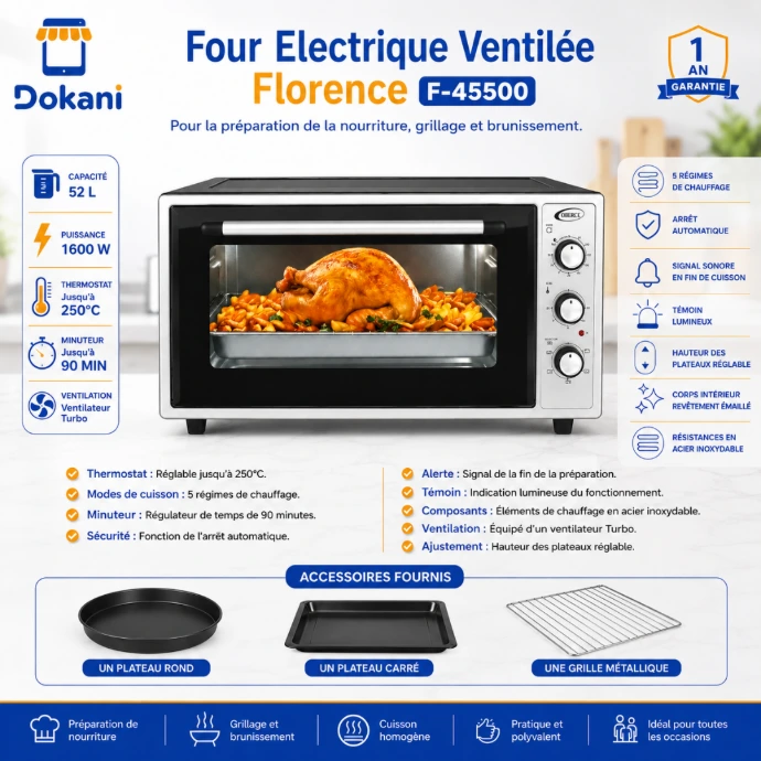 Four électrique encastrable/pose libre Florence de 52 litres, couleur gris, avec porte vitrée, réglages mécaniques, plateaux et grille inclus.