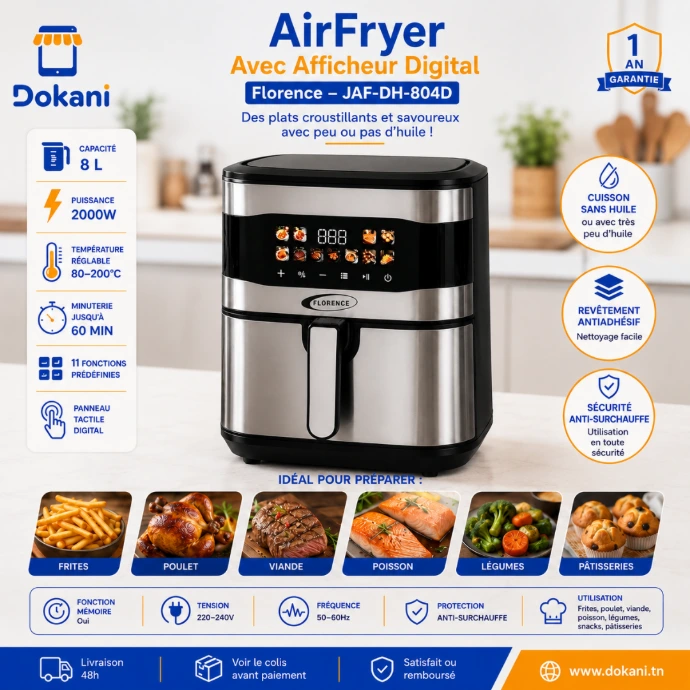 AirFryer Florence noir de 8 litres avec son grand écran tactile digital rétroéclairé et sa poignée isolante.