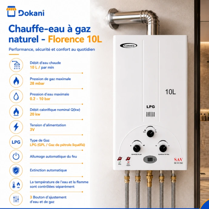Chauffe-eau mural à gaz GPL Florence blanc de 10 litres avec affichage digital de la température, fenêtre témoin et trois boutons de réglage.