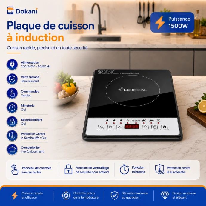 Plaque de cuisson à induction portable Lexical 1500W noire en verre trempé avec panneau de contrôle tactile et afficheur LED.