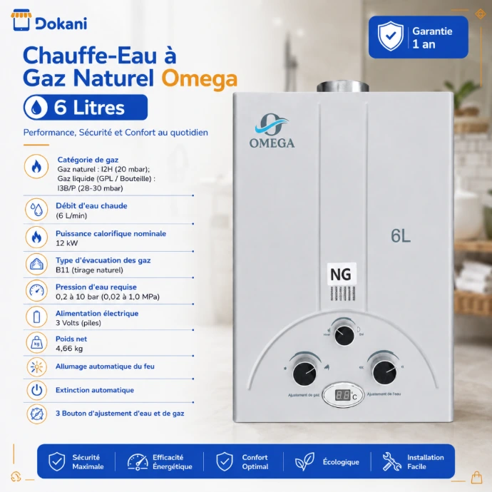 Chauffe-eau mural à gaz naturel Omega blanc de 6 litres avec écran digital de température, fenêtre témoin et trois boutons de réglage.