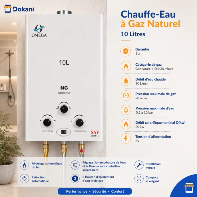 Chauffe-eau mural à gaz naturel Omega blanc de 10 litres avec écran digital de température, fenêtre témoin et trois boutons de réglage.