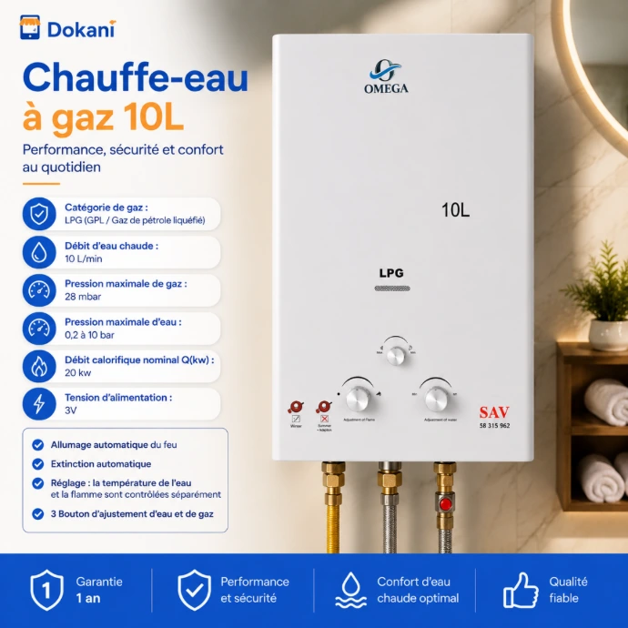 Chauffe-eau mural à gaz GPL bouteille Omega blanc de 10 litres avec fenêtre témoin et trois boutons de réglage.