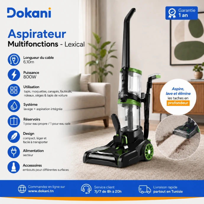 Aspirateur et nettoyeur de tissus multifonctions Lexical 800W compact avec double réservoir d'eau et embouts de nettoyage pour canapé.