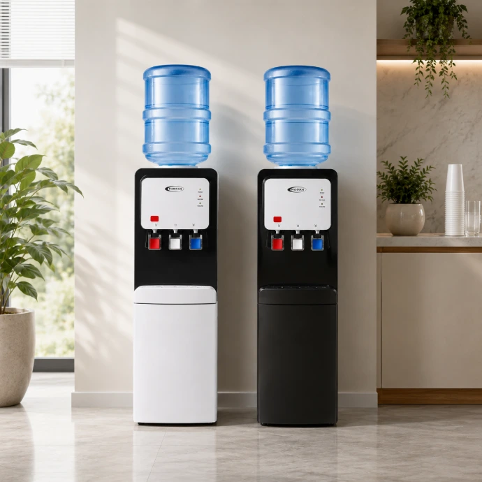 Deux distributeurs d'eau Florence noir et blanc avec bonbonnes d'eau dans un intérieur moderne de bureau et cuisine