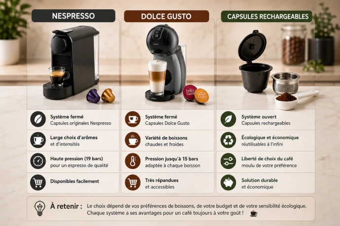 Comparatif des principaux systèmes de capsules disponibles en Tunisie : Nespresso, Dolce Gusto et capsules rechargeables