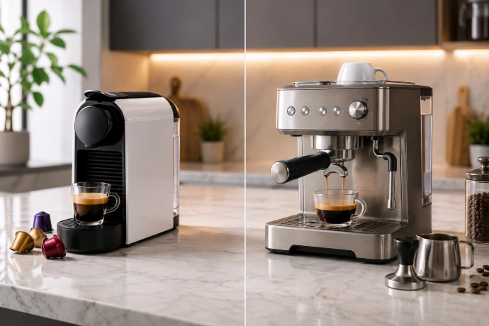 Comparatif visuel entre une machine à capsule et une machine expresso dans une cuisine moderne