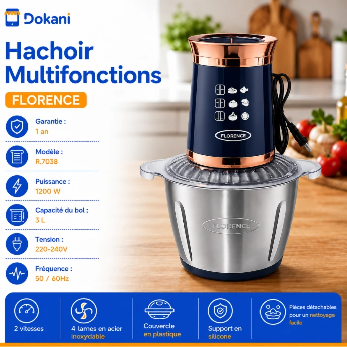 Hachoir électrique multifonctions Florence bleu de 3 litres avec grand bol en inox, 4 lames et couvercle transparent.