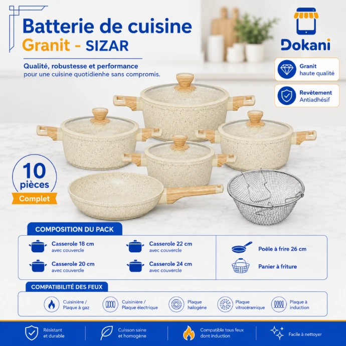 Batterie de cuisine élégante en granit blanc Sizar de 10 pièces comprenant casseroles avec couvercles, poêle et panier à friture.