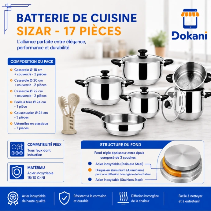 Batterie de cuisine 10 pièces Sizar en granit noir comprenant 4 casseroles avec couvercles, une poêle et un panier à friture.