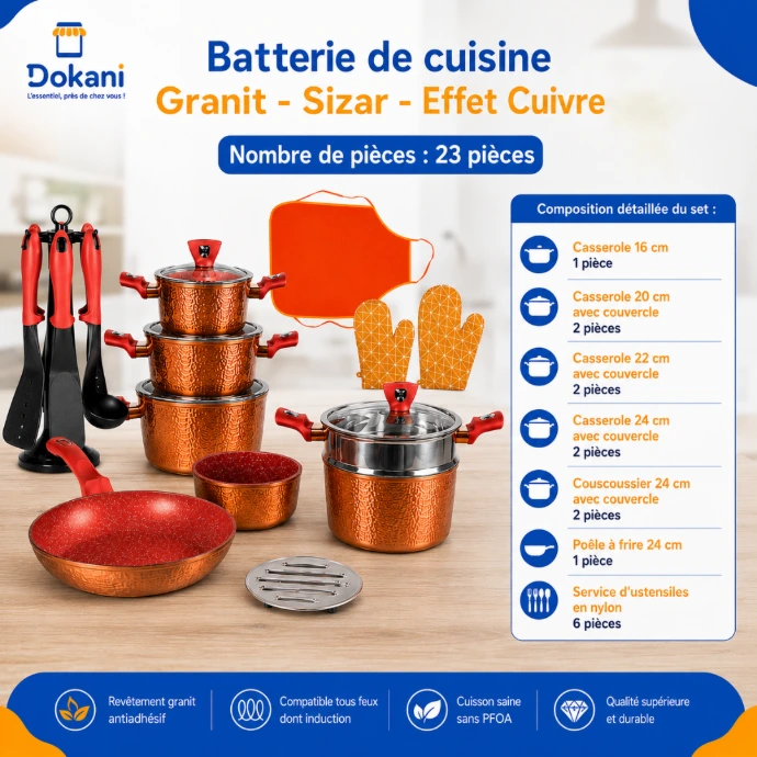 atterie de cuisine 23 pièces Sizar effet cuivre en granit comprenant casseroles, couscoussier, poêle, ustensiles, tablier et maniques.