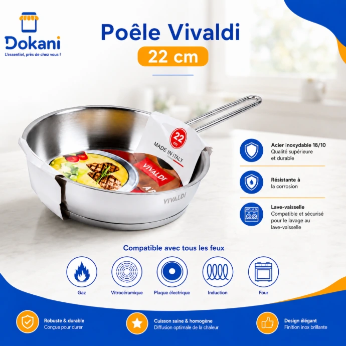 Poêle en acier inoxydable 18/10 Vivaldi de 22 cm de diamètre avec finition miroir et manche en inox.