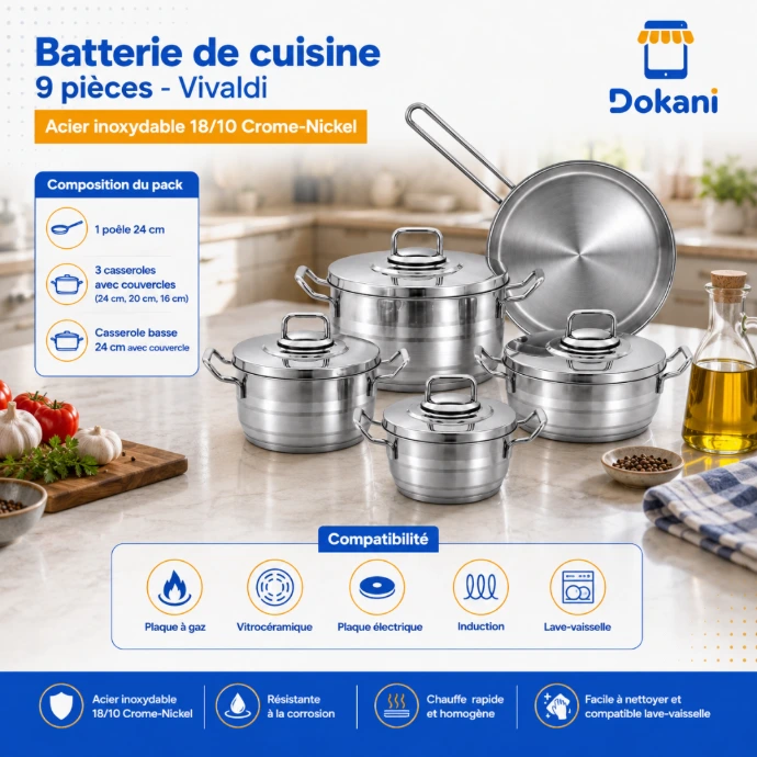 Batterie de cuisine 9 pièces Vivaldi en acier inoxydable 18/10 argent comprenant casseroles, casserole basse, poêle et couvercles.