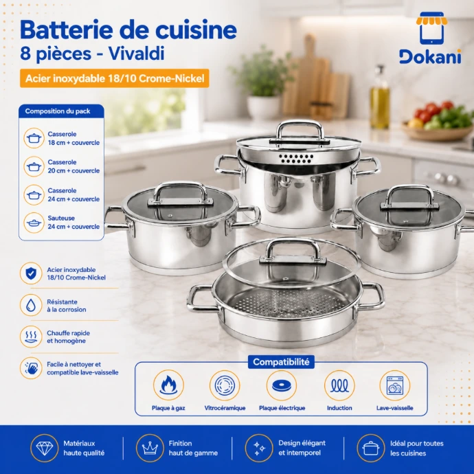 Batterie de cuisine 8 pièces Vivaldi Premium en inox 18/10 argent avec casseroles et couvercles en acier inoxydable.