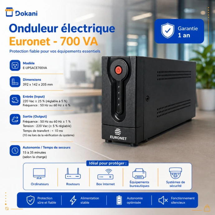 Onduleur électrique Euronet 700 VA modèle E-UPSACE700VA noir pour la protection du matériel informatique.