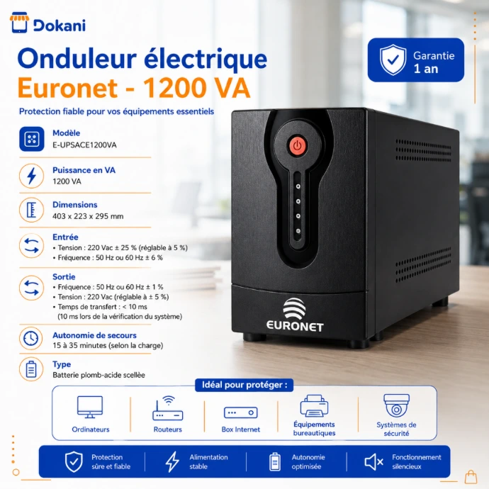Achetez l'onduleur Euronet 1200 VA (E-UPSACE1200VA) sur Dokani.tn. Autonomie de 15 à 35 min, fusible de protection contre surcharges, batterie plomb-acide. Garantie 1 an.