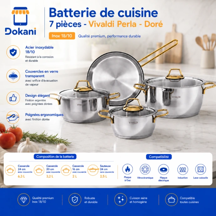 Batterie de cuisine 7 pièces Vivaldi Perla en inox 18/10 argent avec poignées dorées, comprenant casseroles, sauteuse et couvercles en verre.