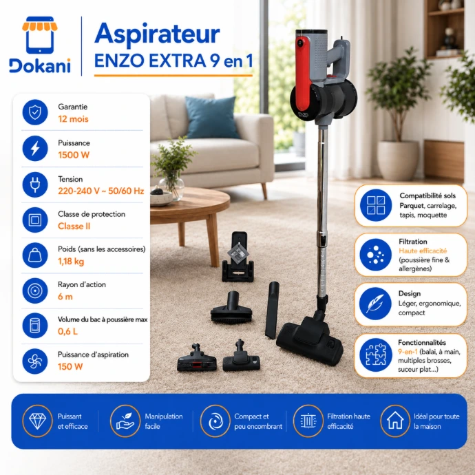 Aspirateur balai électrique ENZO EXTRA 9 en 1 rouge 1500W compact et ultra léger pour parquet, carrelage et tapis.