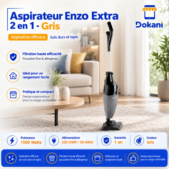 Aspirateur balai électrique ENZO EXTRA 2 en 1 gris 1500W compact et ergonomique pour sols durs et tapis.
