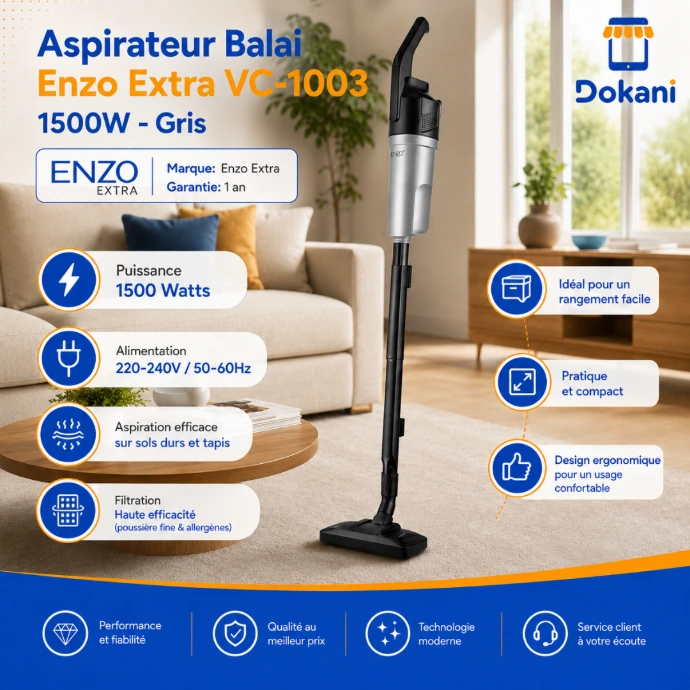 Aspirateur balai électrique ENZO EXTRA modèle VC-1003 gris 1500W compact et ergonomique pour sols durs et tapis.