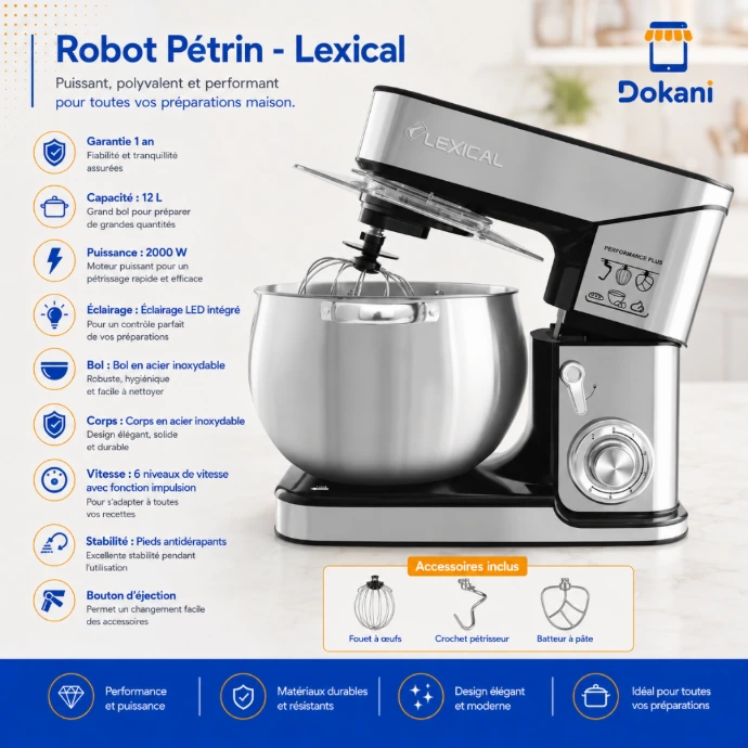 Robot pétrin professionnel Lexical 12 litres 2000W argent en acier inoxydable avec bol inox et éclairage LED.