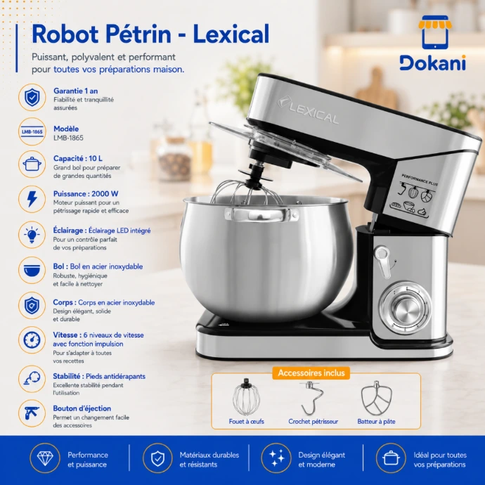 Robot pétrin Lexical 10 litres 2000W modèle LMB-1865 argent en acier inoxydable avec bol inox et éclairage LED.