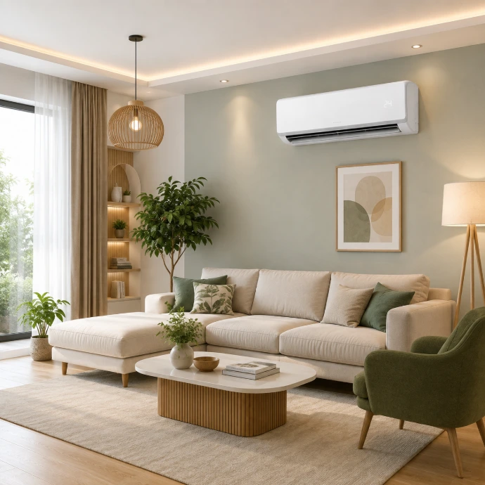 Grand salon moderne et lumineux équipé d'un climatiseur mural