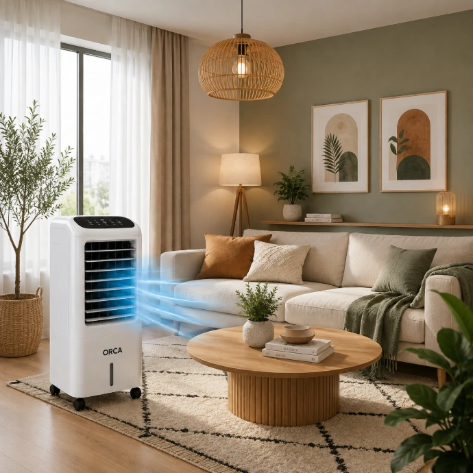 Rafraîchisseur d'air mobile ORCA dans un salon moderne de style scandinave