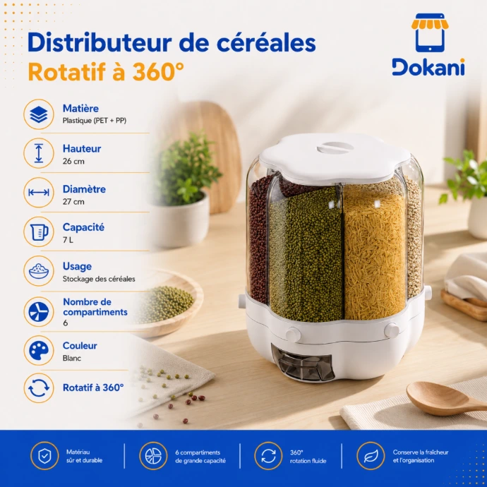 Distributeur de céréales rotatif 360° blanc à 6 compartiments avec bouton poussoir de 7 litres en plastique alimentaire.
