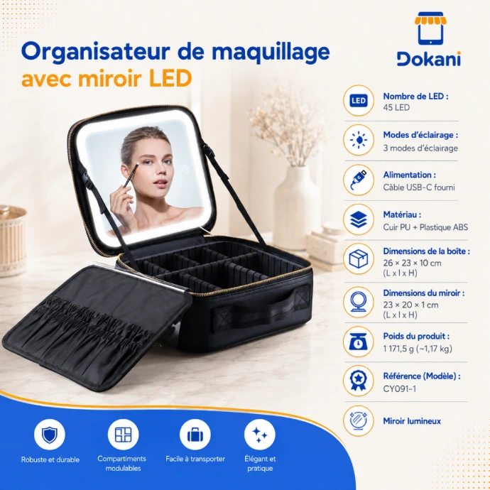 Trousse organisateur de maquillage noir en cuir PU avec miroir lumineux 45 LED amovible et compartiments modulables.