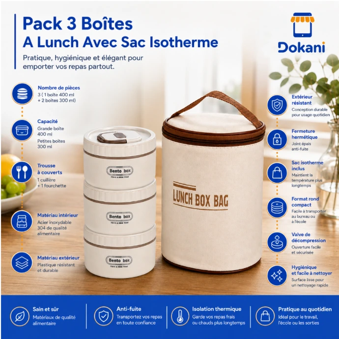 Pack de 3 boîtes à lunch rondes en acier inoxydable 304 avec sac isotherme et trousse de couverts fourchette et cuillère.