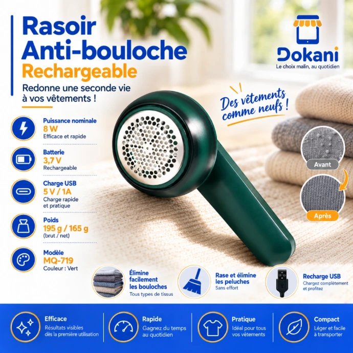 Rasoir anti-bouloche rechargeable 8W MQ-719 vert pour vêtements et textiles avec câble de charge USB.