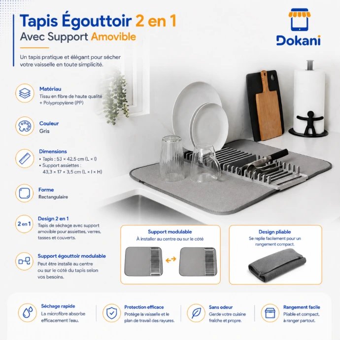 Tapis de séchage vaisselle gris en microfibre avec support égouttoir modulable pour assiettes et tasses.