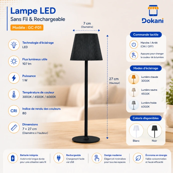 Lampe de table tactile rechargeable noire en fer et plastique GC-F01 avec éclairage LED 3 couleurs.