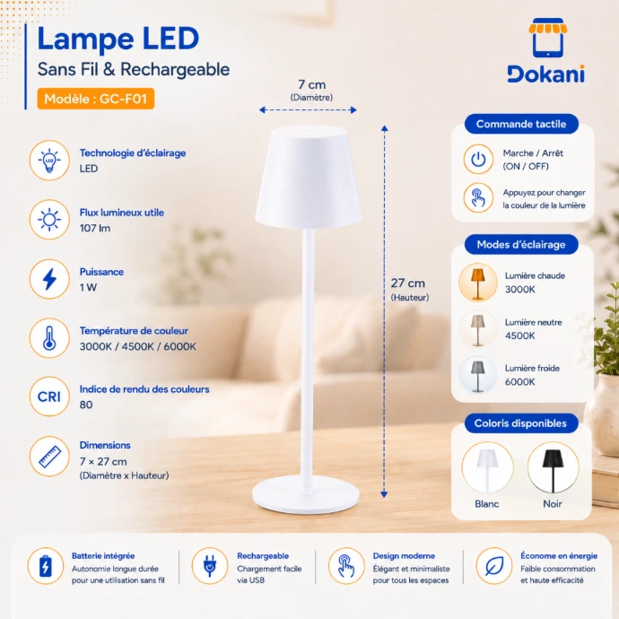 Lampe de table tactile rechargeable blanc en fer et plastique GC-F01 avec éclairage LED 3 couleurs.