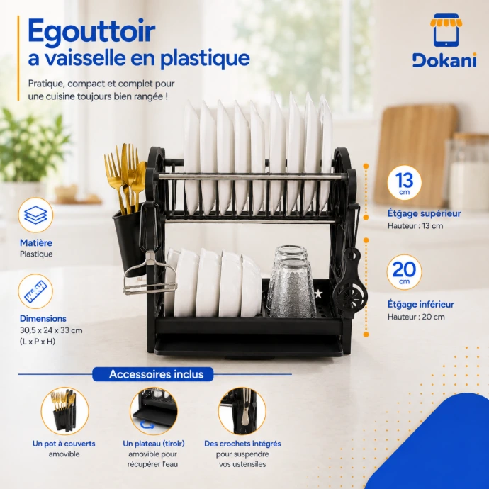 Égouttoir à vaisselle double niveau en plastique, pot à couverts amovible et tiroir de récupération d'eau.