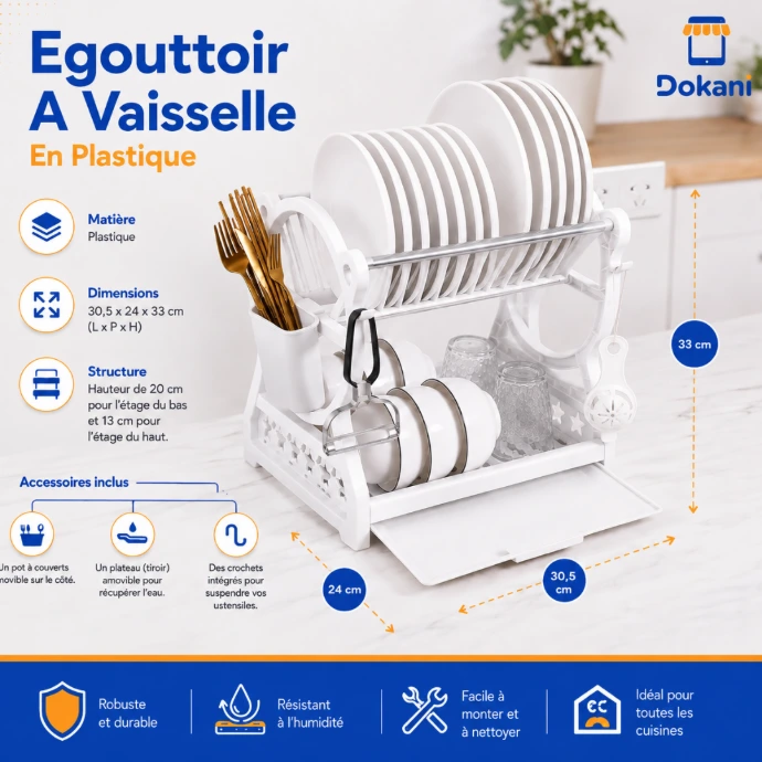 Égouttoir à vaisselle double niveau en plastique, pot à couverts amovible et tiroir de récupération d'eau.