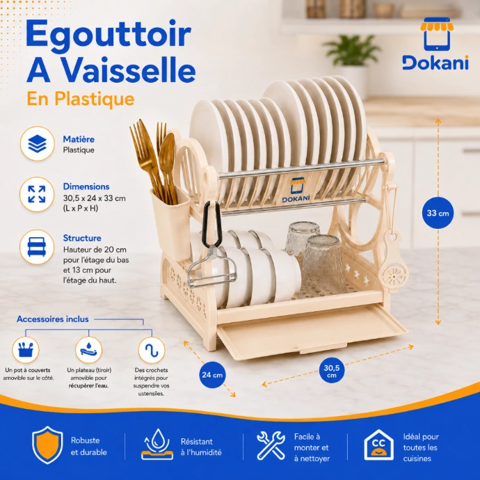 Égouttoir à vaisselle double niveau en plastique, pot à couverts amovible et tiroir de récupération d'eau.