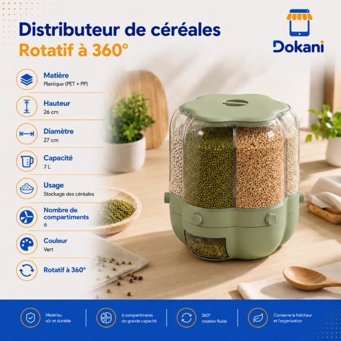 Distributeur de céréales rotatif 360° vert à 6 compartiments avec bouton poussoir de 7 litres en plastique alimentaire.