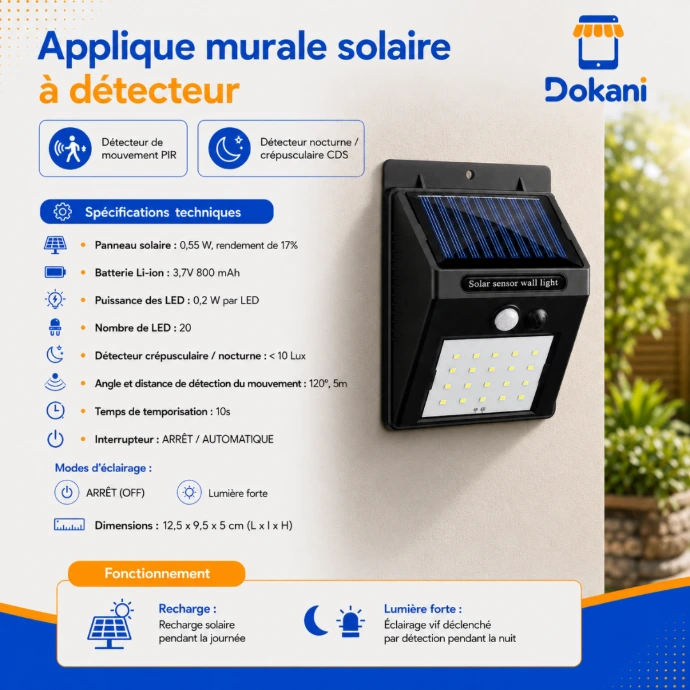 Applique solaire murale extérieure noire 20 LED avec détecteur de mouvement PIR et capteur crépusculaire.
